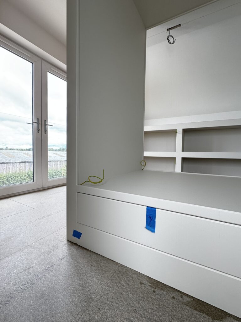 Custom Built Dressing Room Wrapped in CoverStyl’ Architectural Beige RM13 - Professional Interior Wrapping Scotland